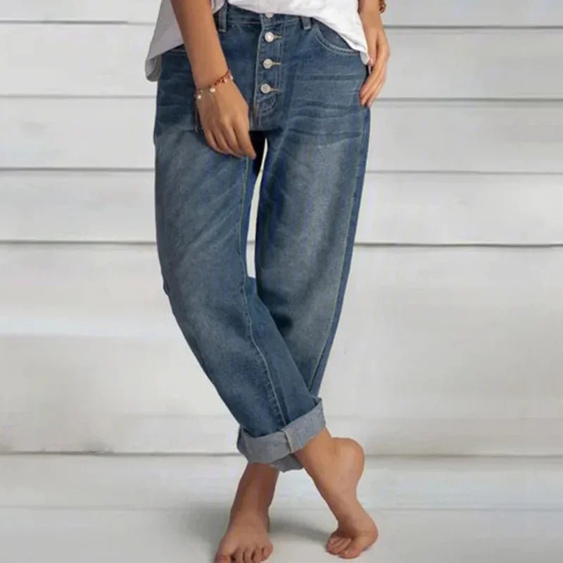 Women's Cropped Boyfriend High-Waisted Baggy Jeans - Blue