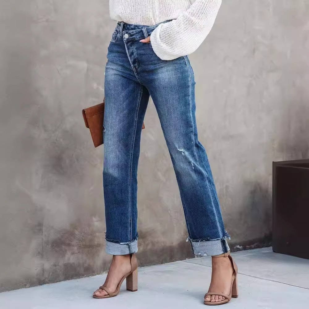 Women's High-Waisted Distressed Straight-Leg Jeans