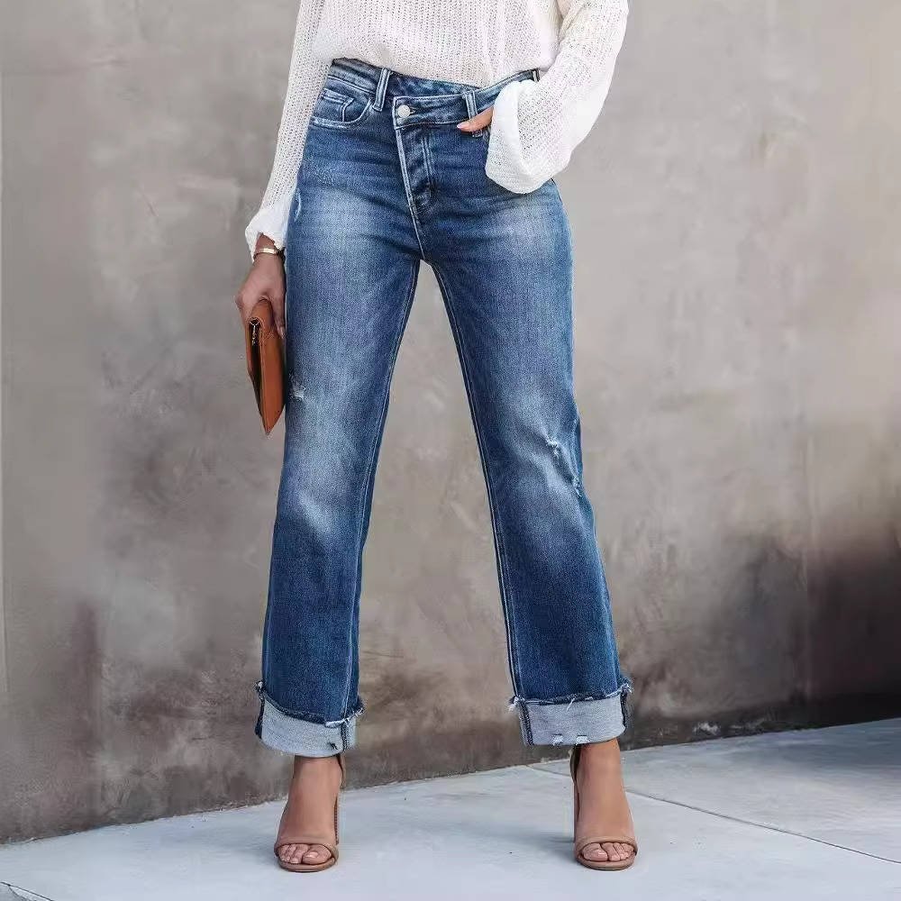 Women's High-Waisted Distressed Straight-Leg Jeans