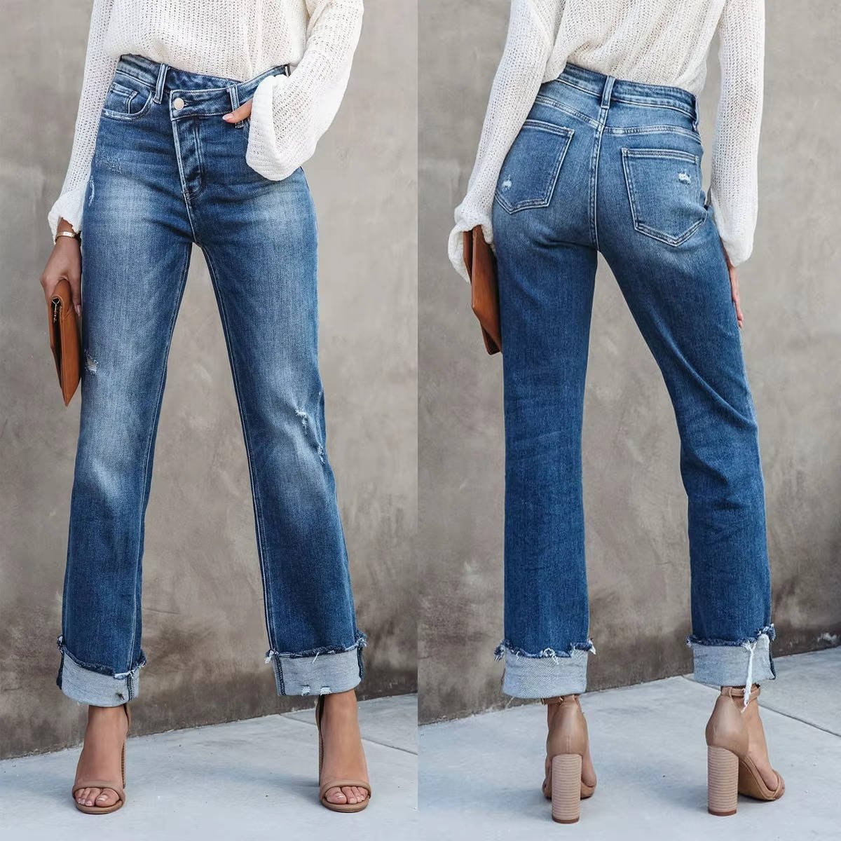 Women's High-Waisted Distressed Straight-Leg Jeans