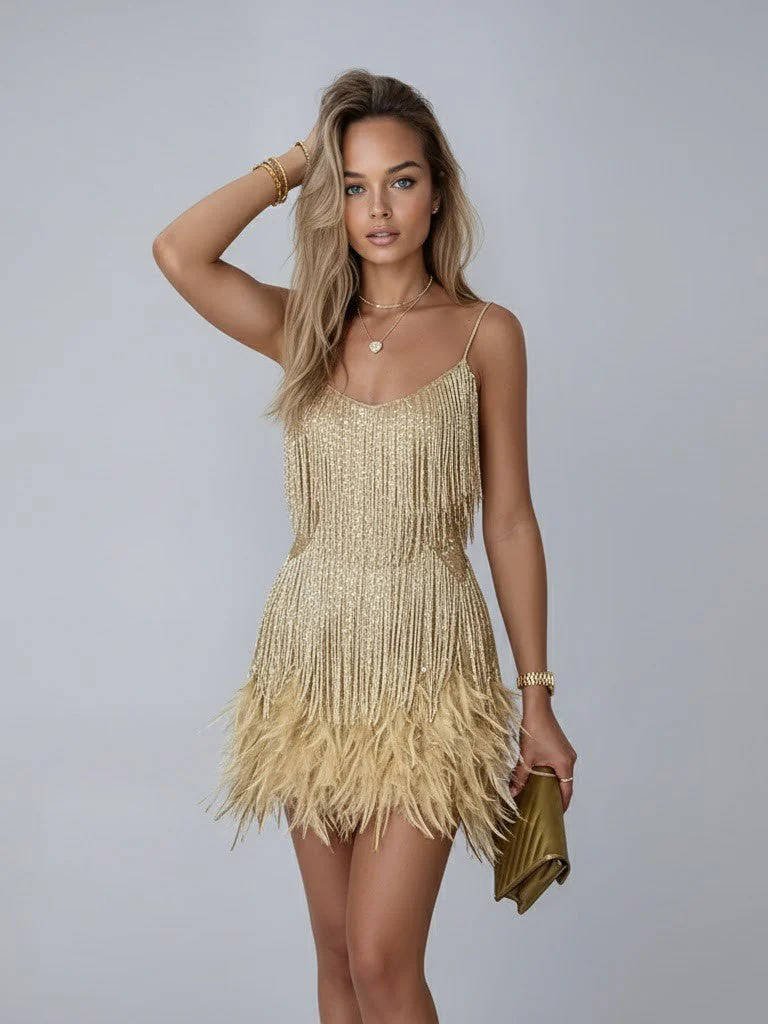 Women's Beaded Fringe Sequin Mini Party Dress - Gold