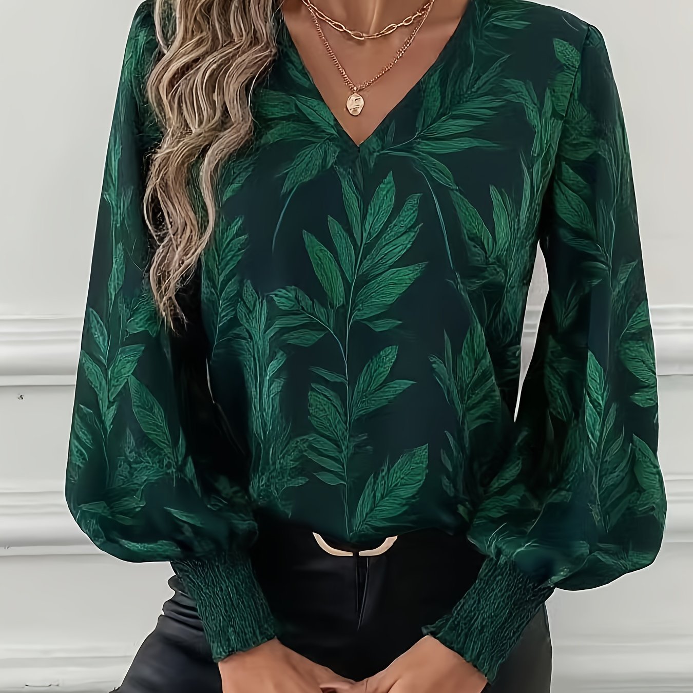 Women's Satin V-Neck Blouse - Dark Green