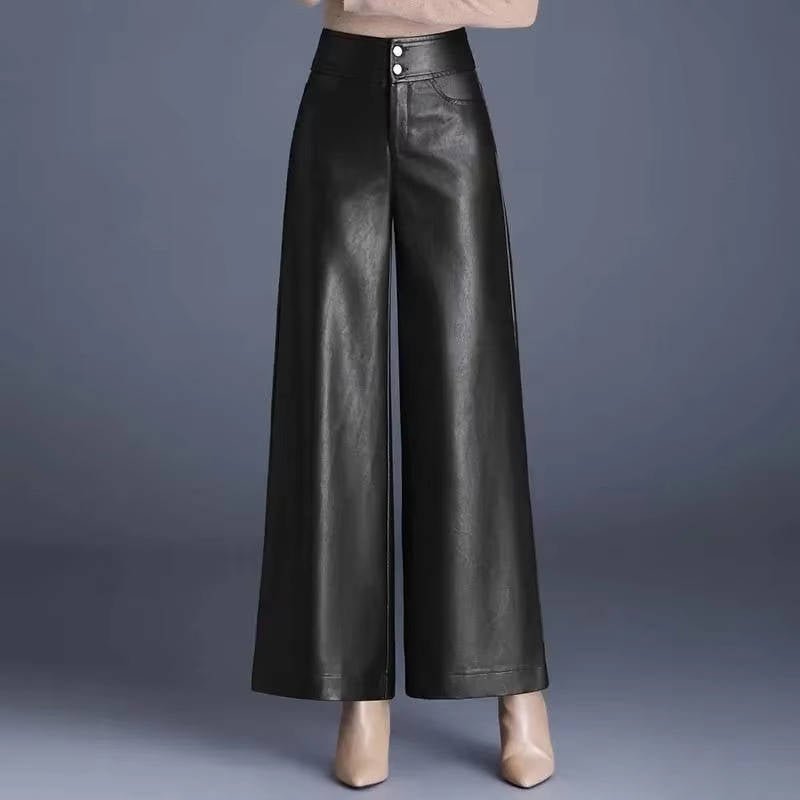 Women's High-Waisted Wide-Leg Faux Leather Trousers - Black