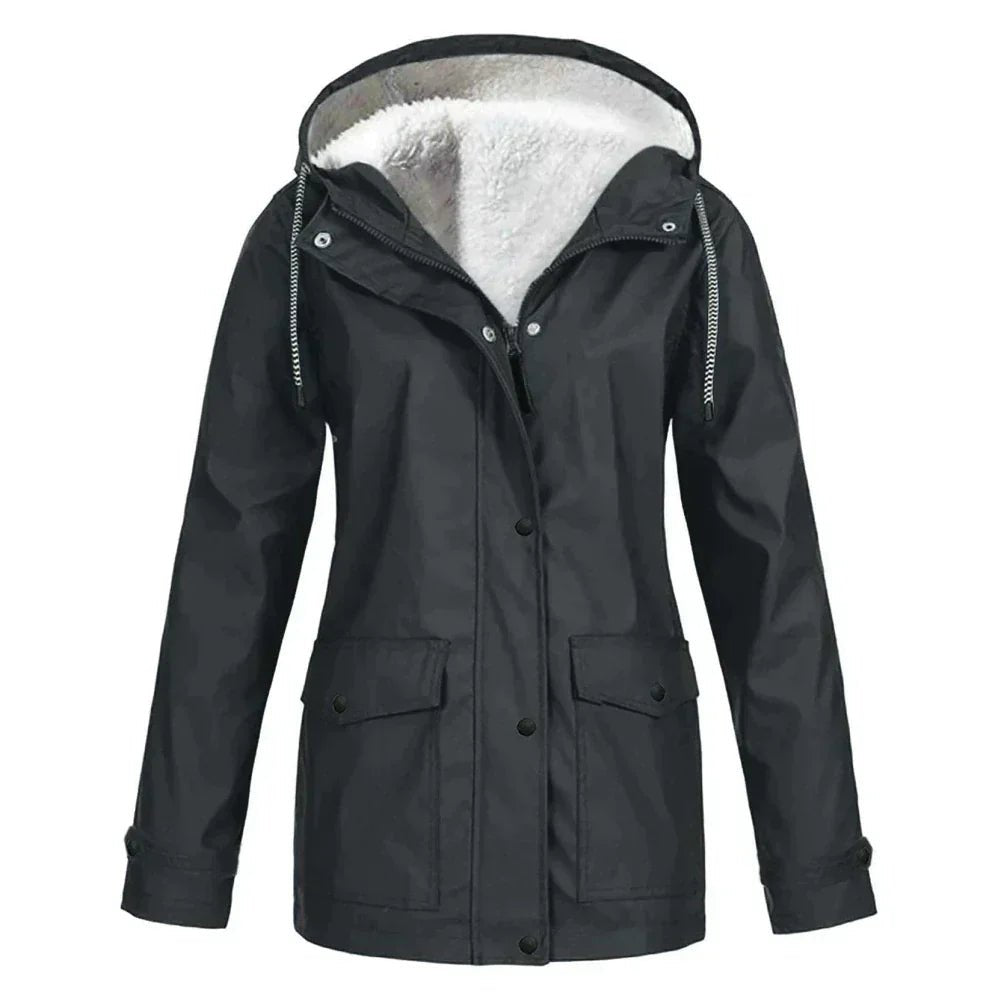 Women's Rain Waterproof Hooded Teddy Jacket - Black