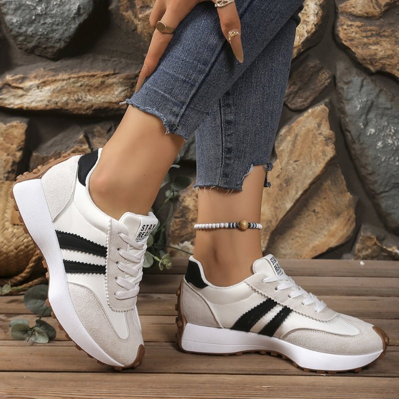 Women's Chunky Striped Platform Lace-Up Suede Trainers - White