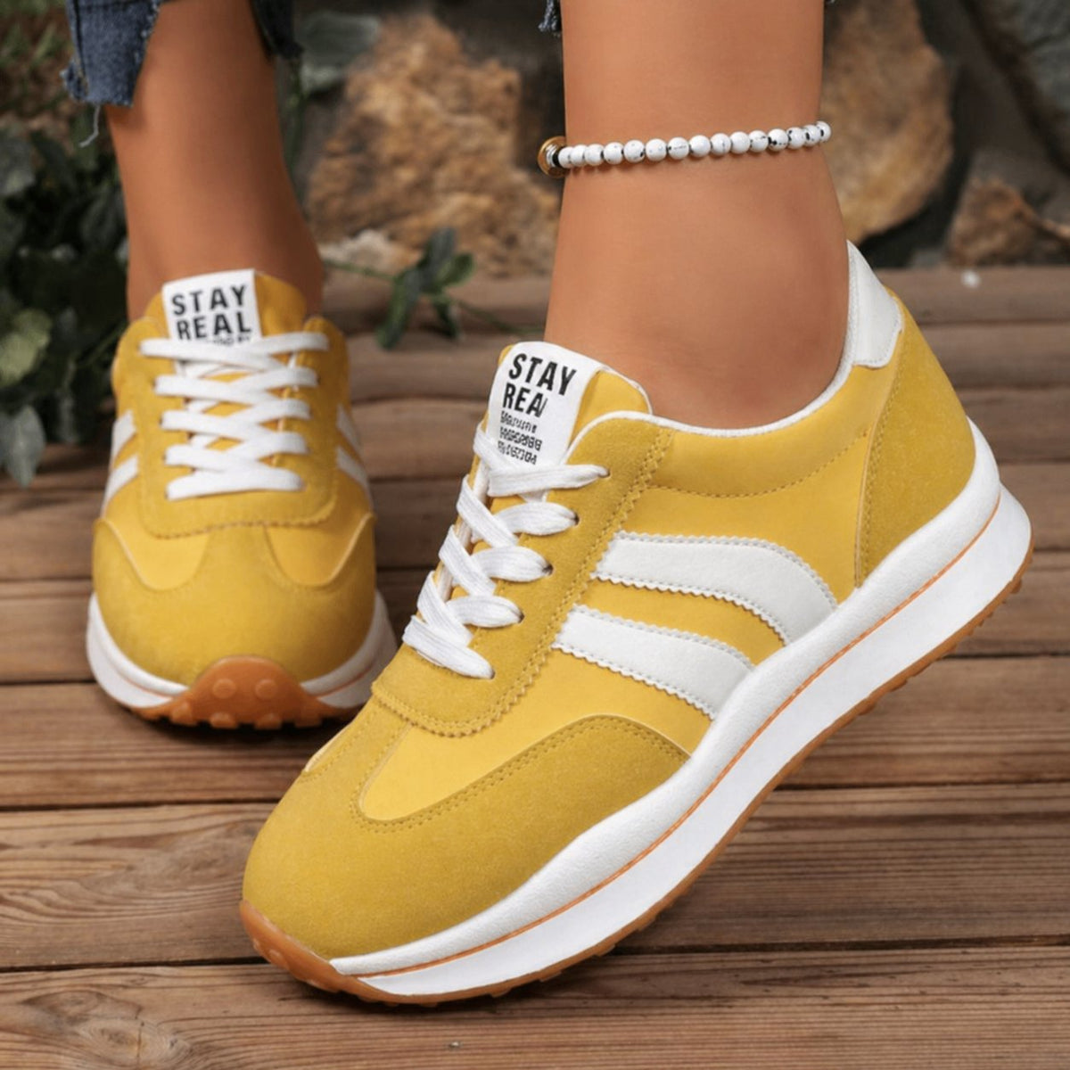 Women's Chunky Striped Platform Lace-Up Suede Trainers - Yellow