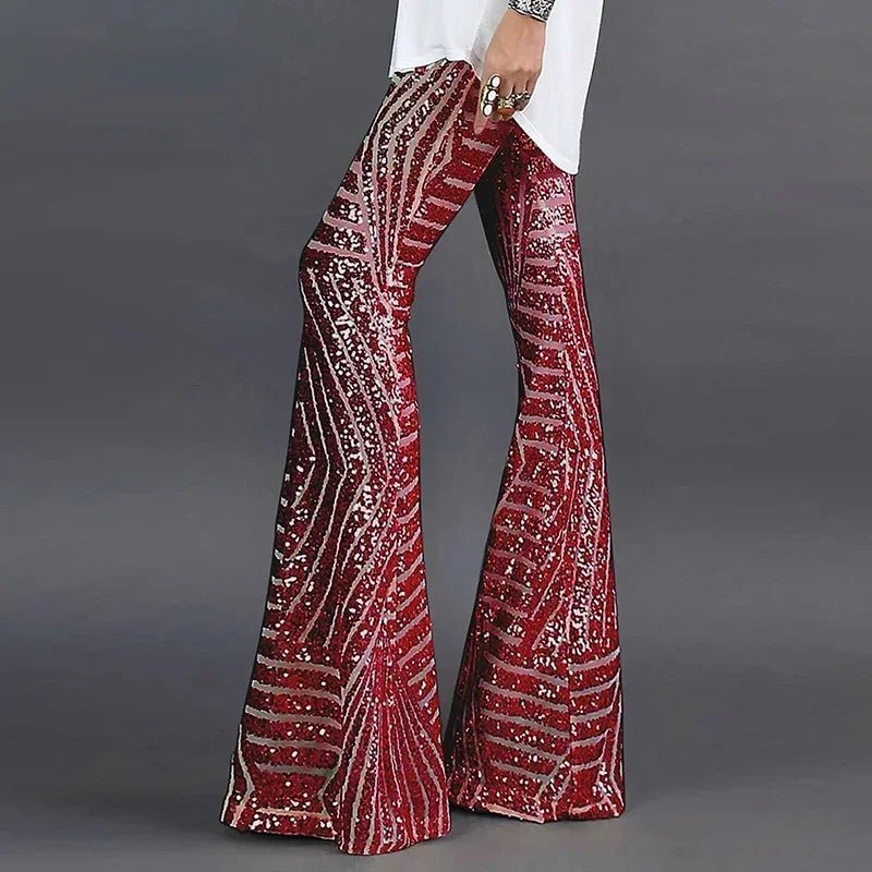 Women's High-Waisted Sequin Flare Trousers - Wine Red