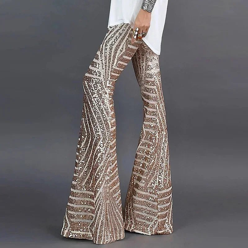 Women's High-Waisted Sequin Flare Trousers - Gold