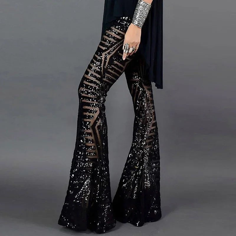 Women's High-Waisted Sequin Flare Trousers - Black