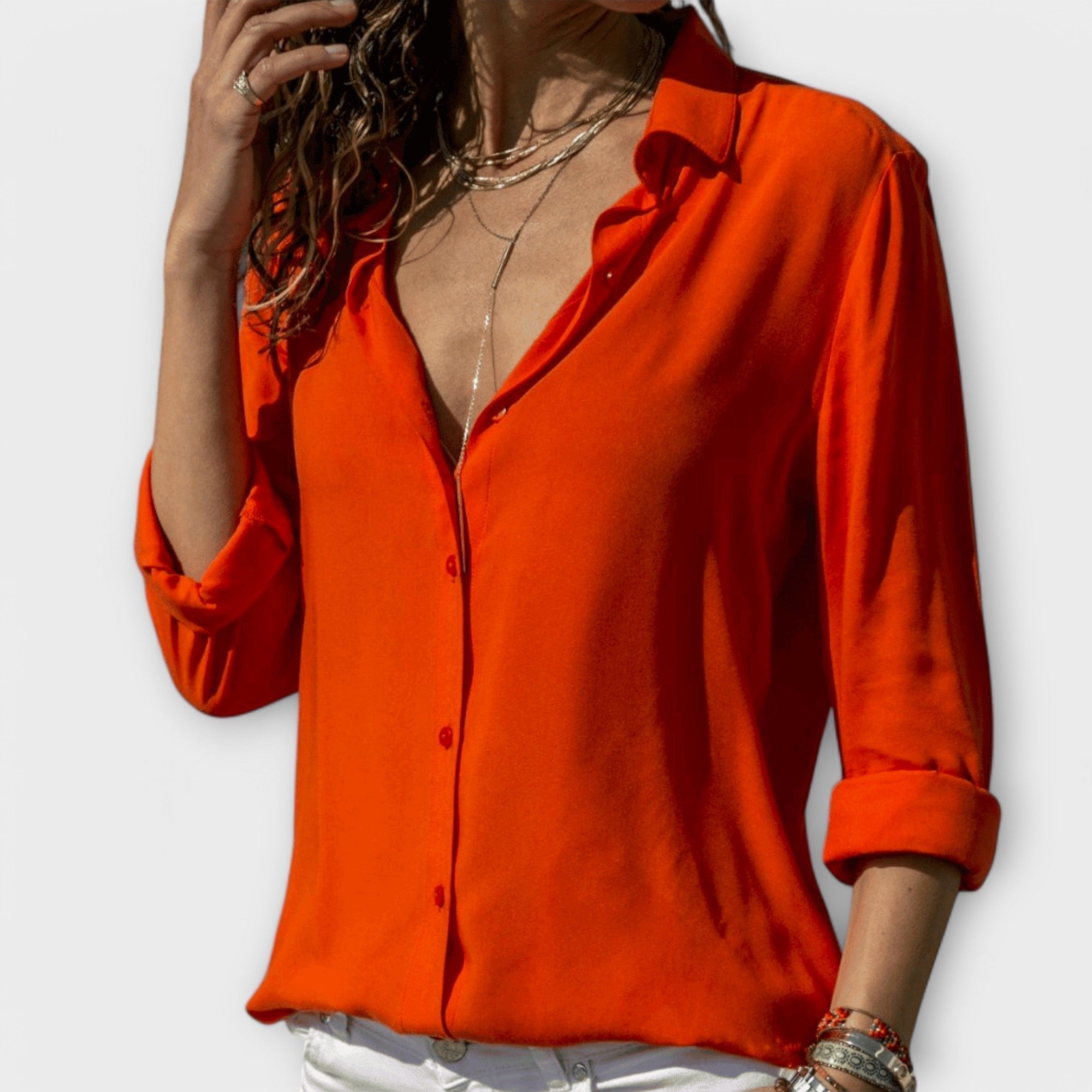 Women's Oversized Chiffon Long Sleeve Blouse - Orange