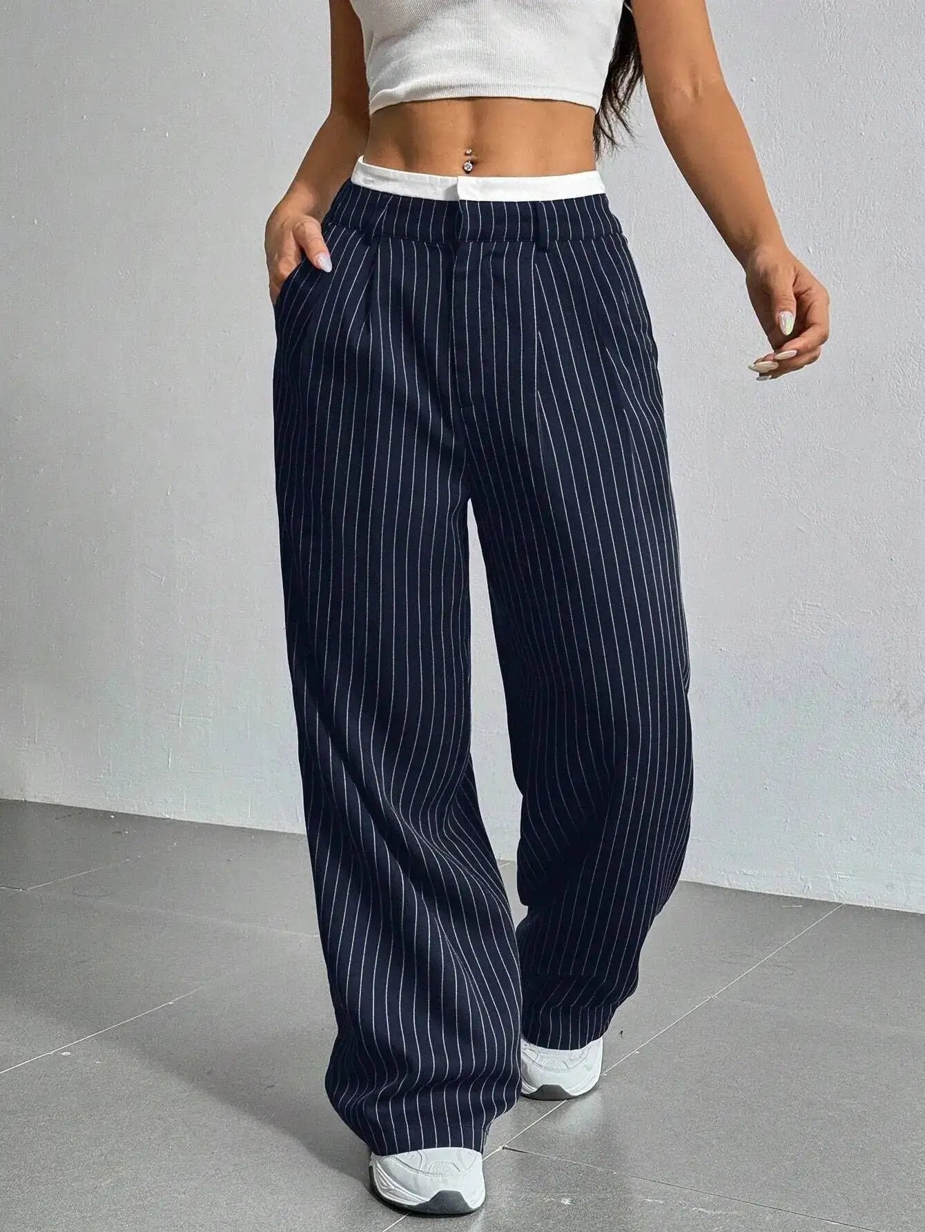 Women's Pinstripe High-Waisted Pleated Wide-Leg Trousers - Marine Blue