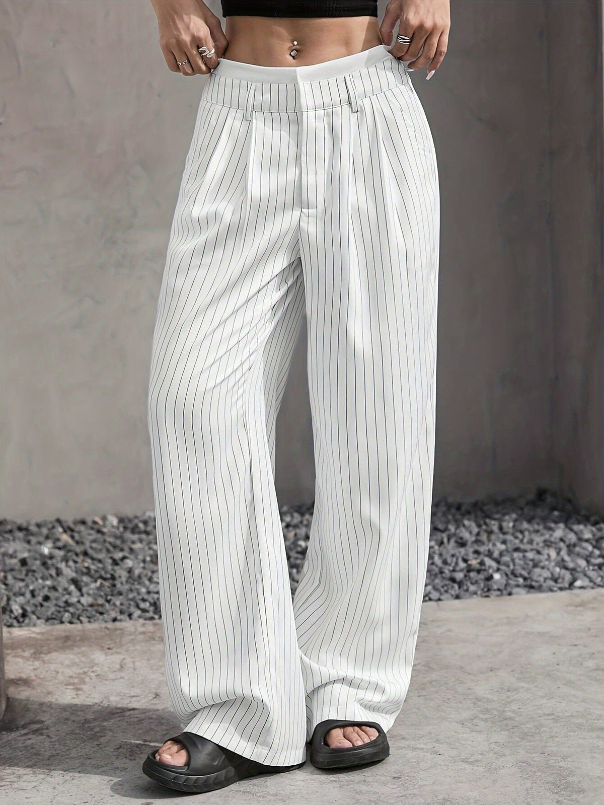 Women's Pinstripe High-Waisted Pleated Wide-Leg Trousers - White