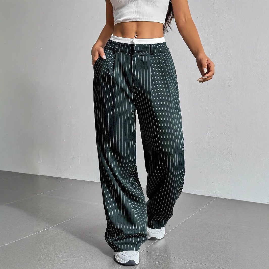 Women's Pinstripe High-Waisted Pleated Wide-Leg Trousers