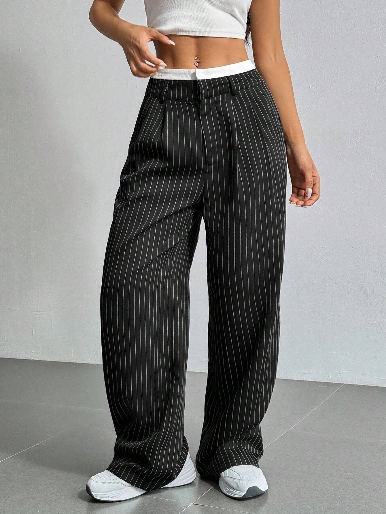 Women's Pinstripe High-Waisted Pleated Wide-Leg Trousers - Black