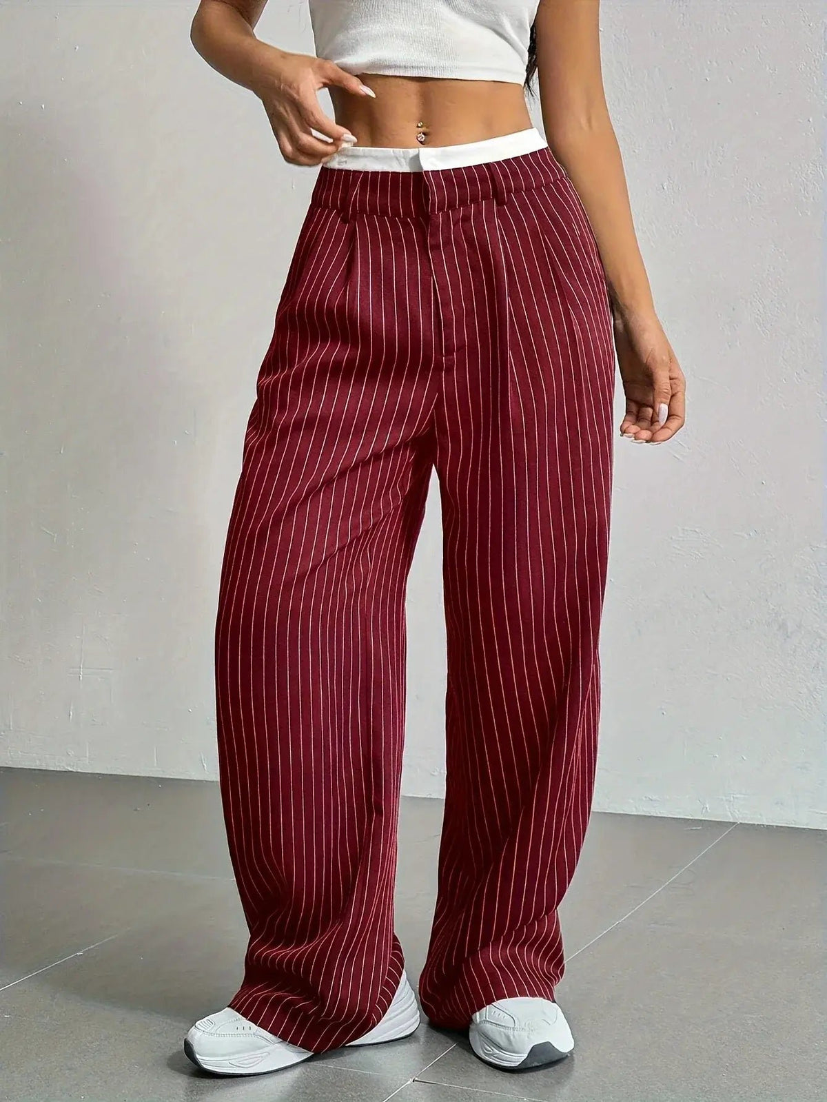 Women's Pinstripe High-Waisted Pleated Wide-Leg Trousers