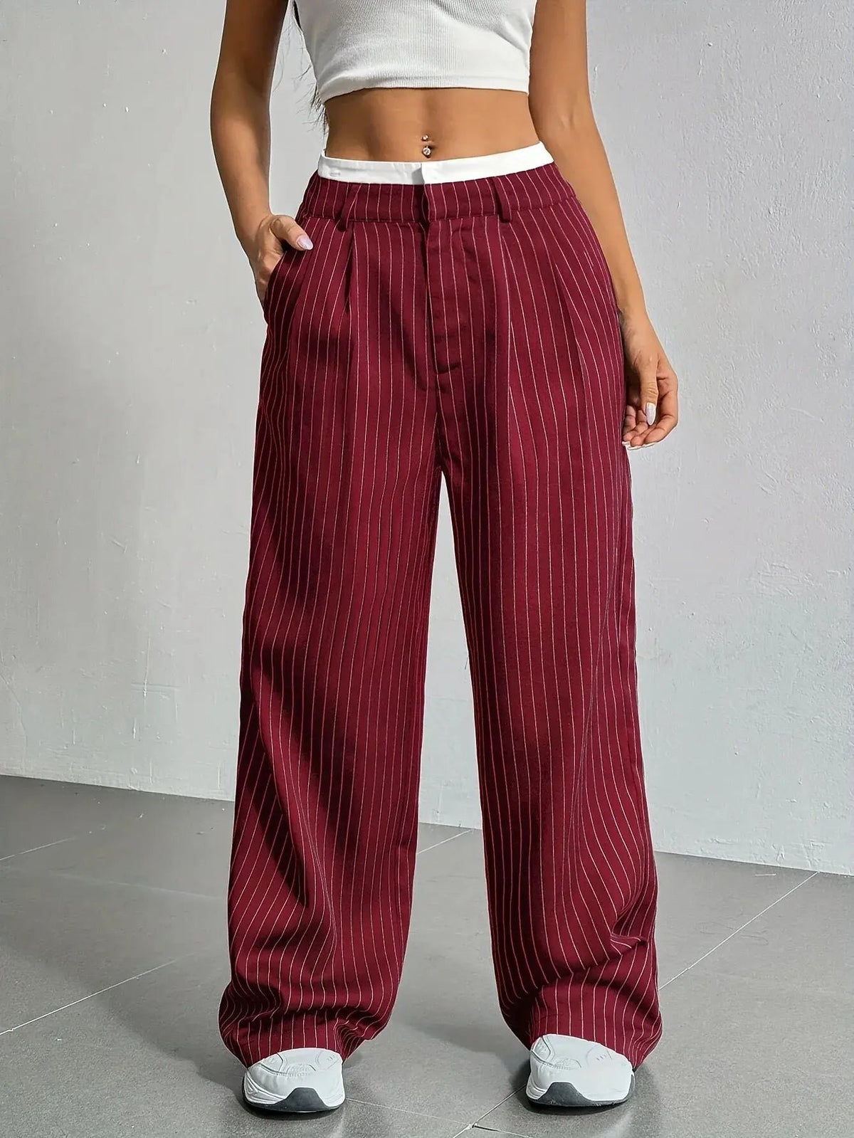 Women's Pinstripe High-Waisted Pleated Wide-Leg Trousers - Wine Red