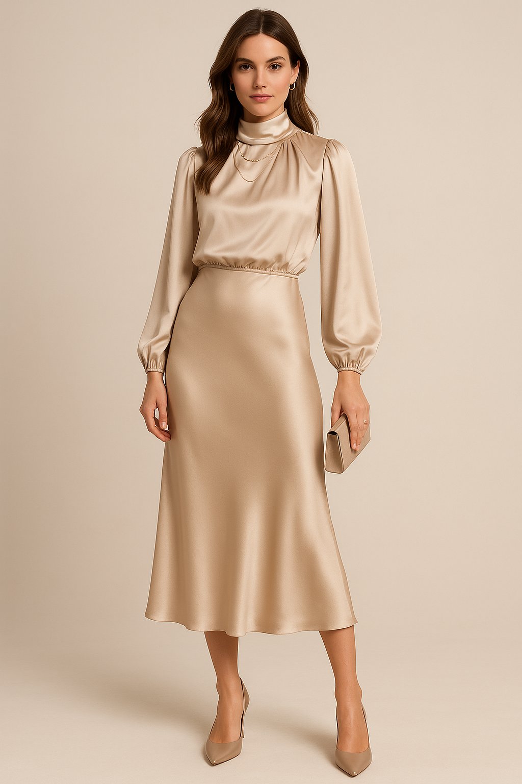Women's Cocktail Satin Midi Party Dress - Champagne