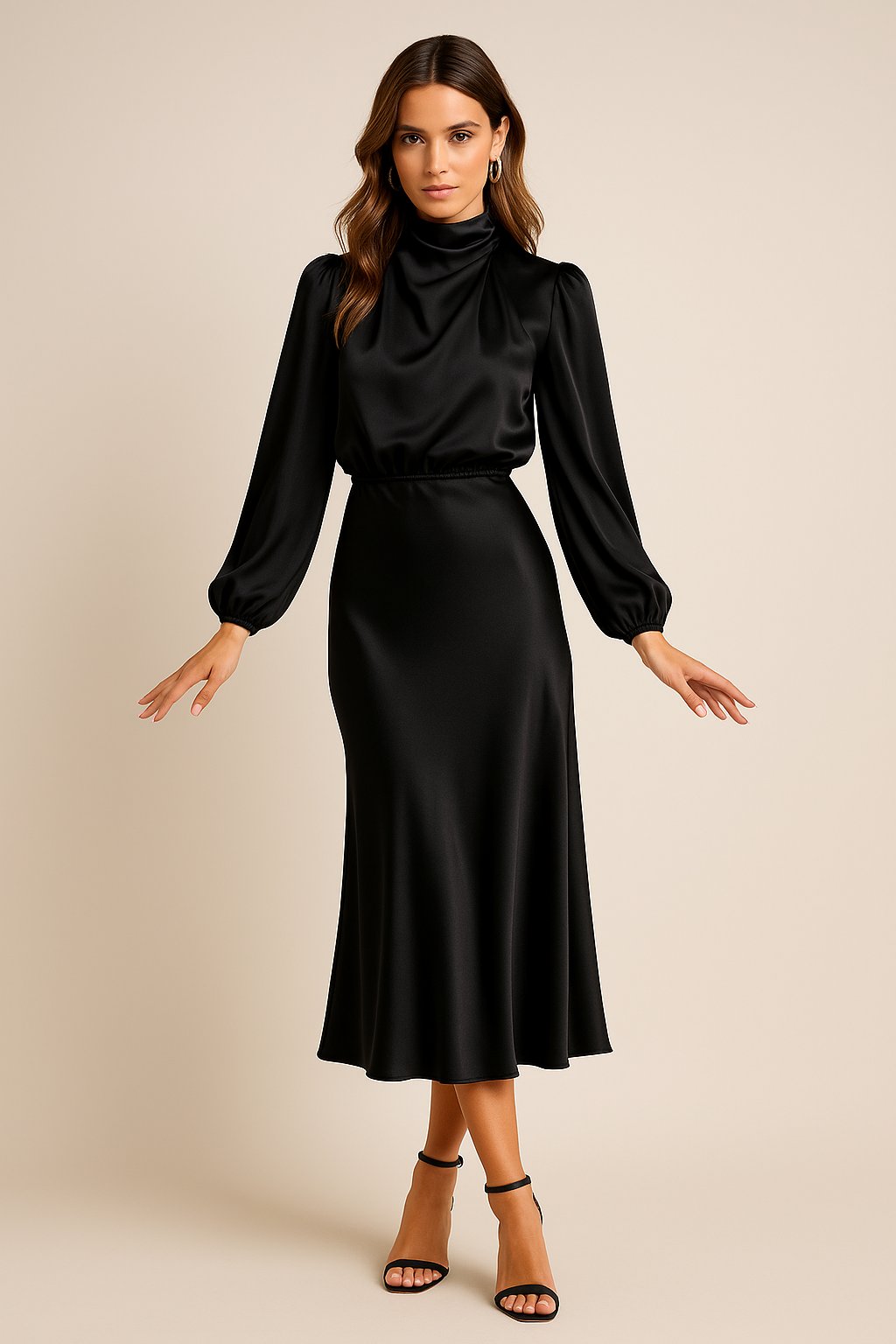 Women's Cocktail Satin Midi Party Dress - Black