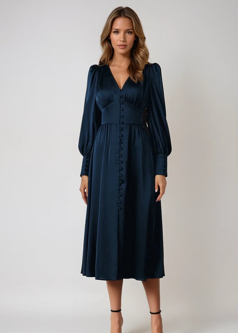 Women's Black Cocktail Satin Midi Party Dress - Dark Blue