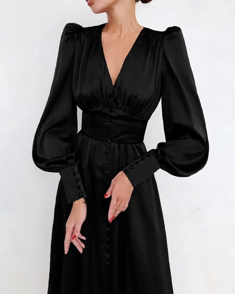 Women's Black Cocktail Satin Midi Party Dress - Black