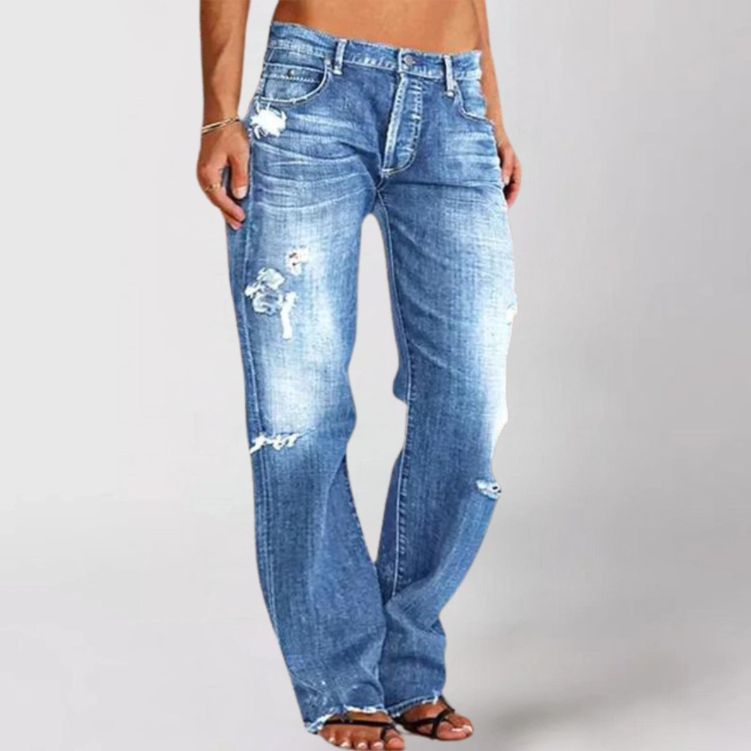 Women's Distressed Straight-Leg Jeans - Blue