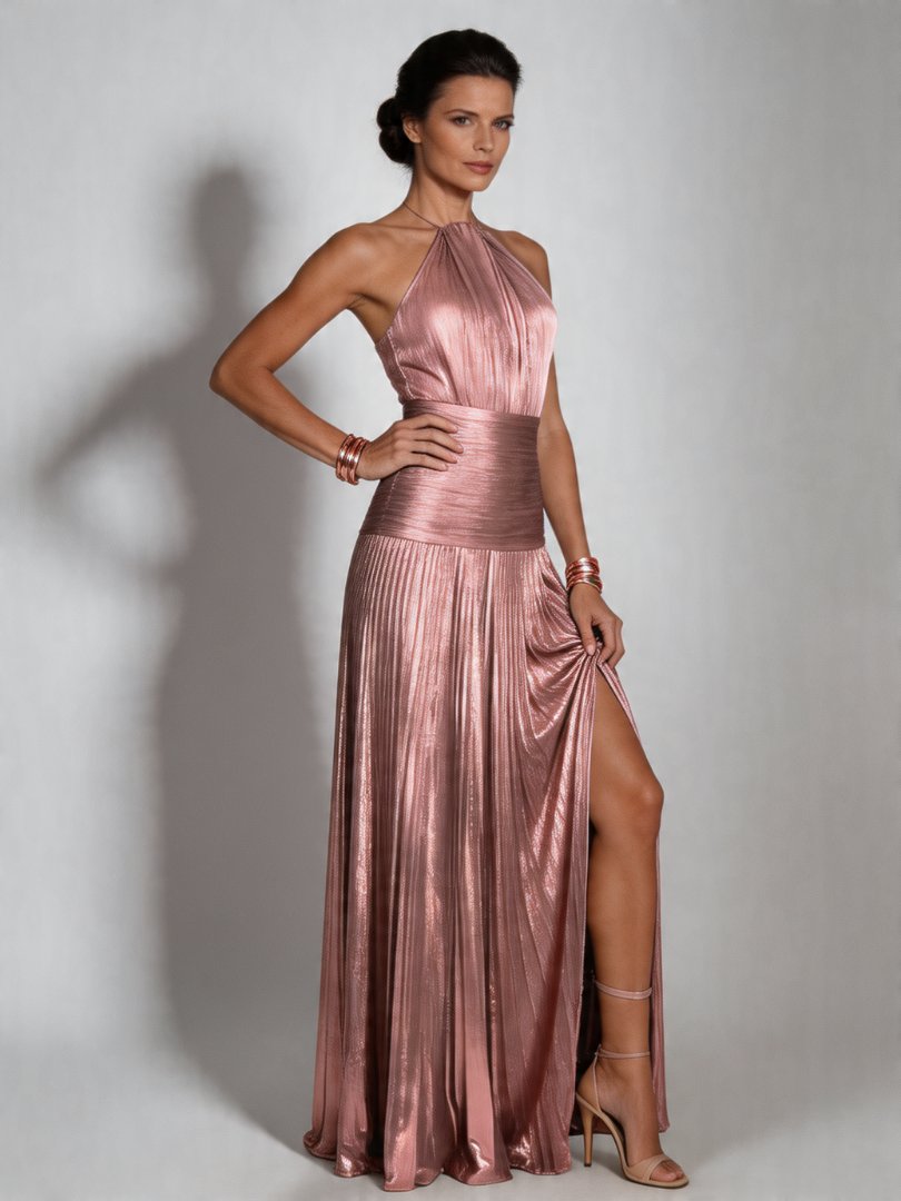 Women's Evening Sequin Halter Party Gown - Pink