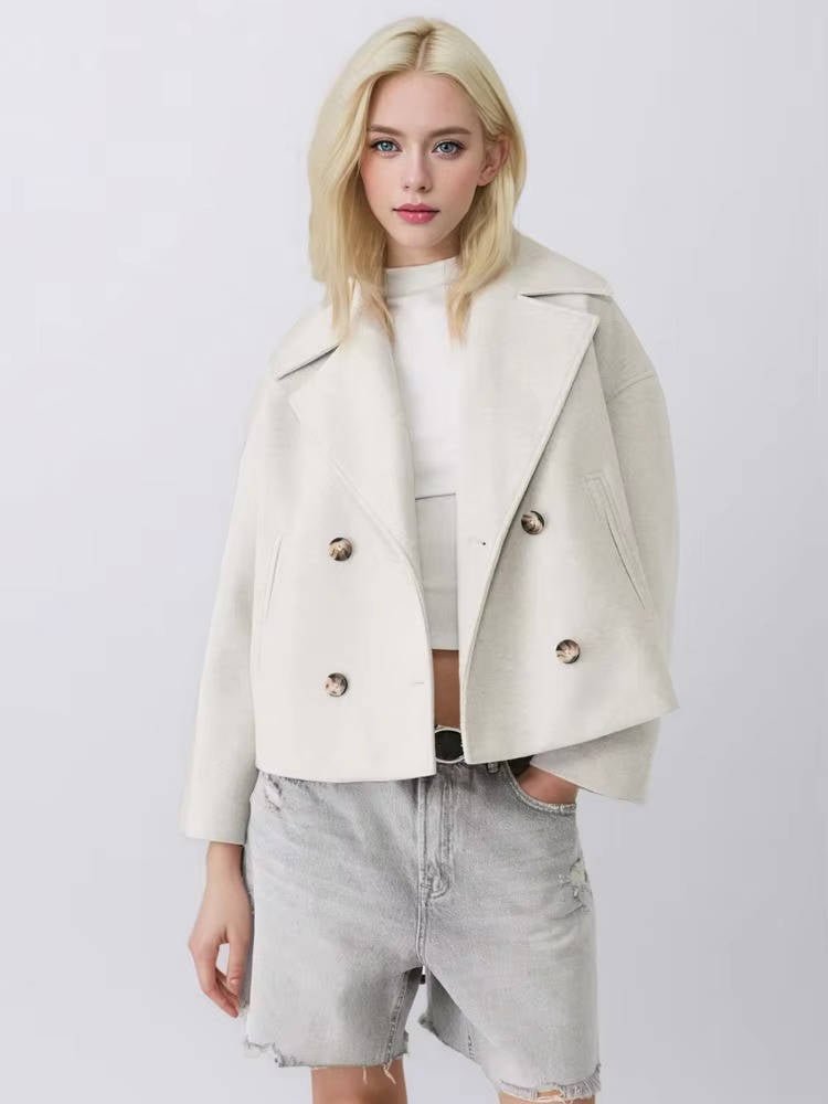 Women's Oversized Cropped Wool Pea Coat - White