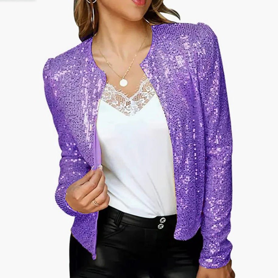 Women's Slim Cropped Sequin Blazer - Purple