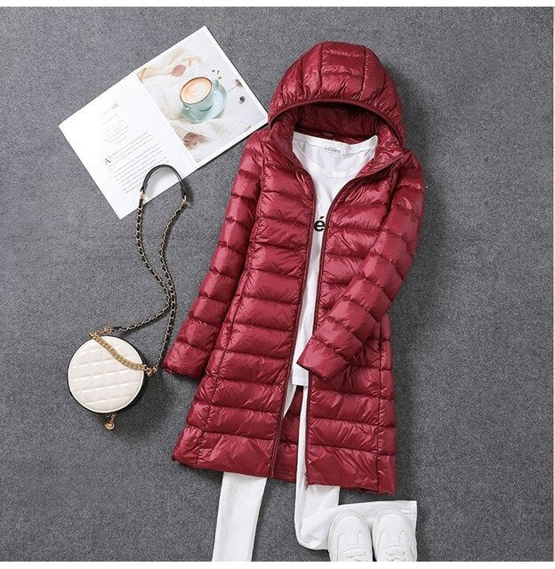 Women's Slim Waterproof Hooded Longline Puffer Jacket - Wine Red