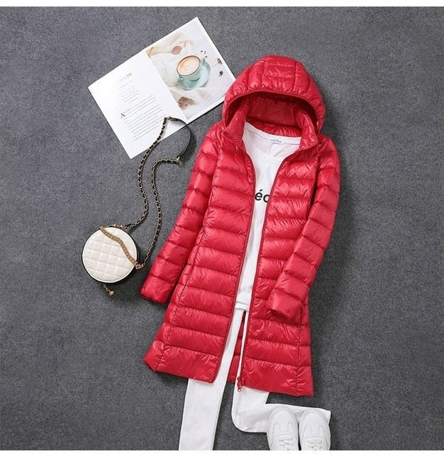 Women's Slim Waterproof Hooded Longline Puffer Jacket - Red