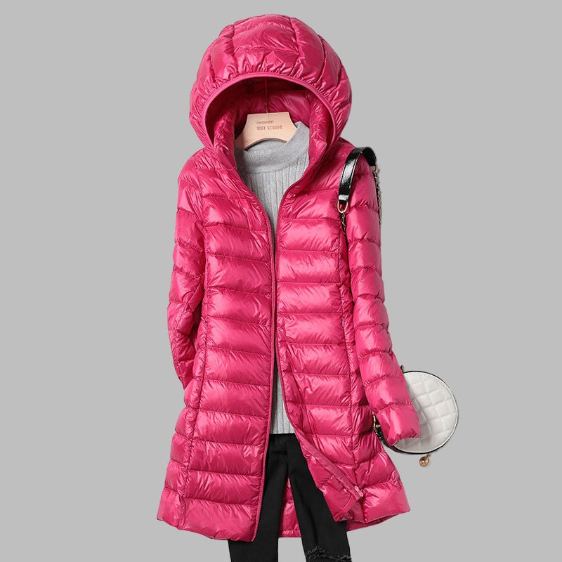 Women's Slim Waterproof Hooded Longline Puffer Jacket - Dark Pink