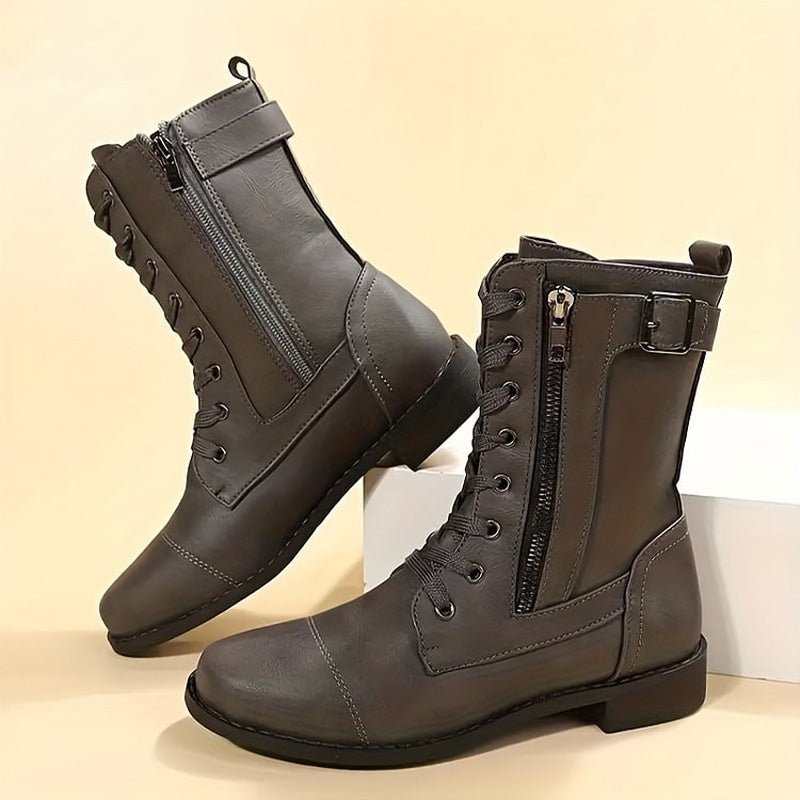 Women's Faux Leather Combat Boots - Gray