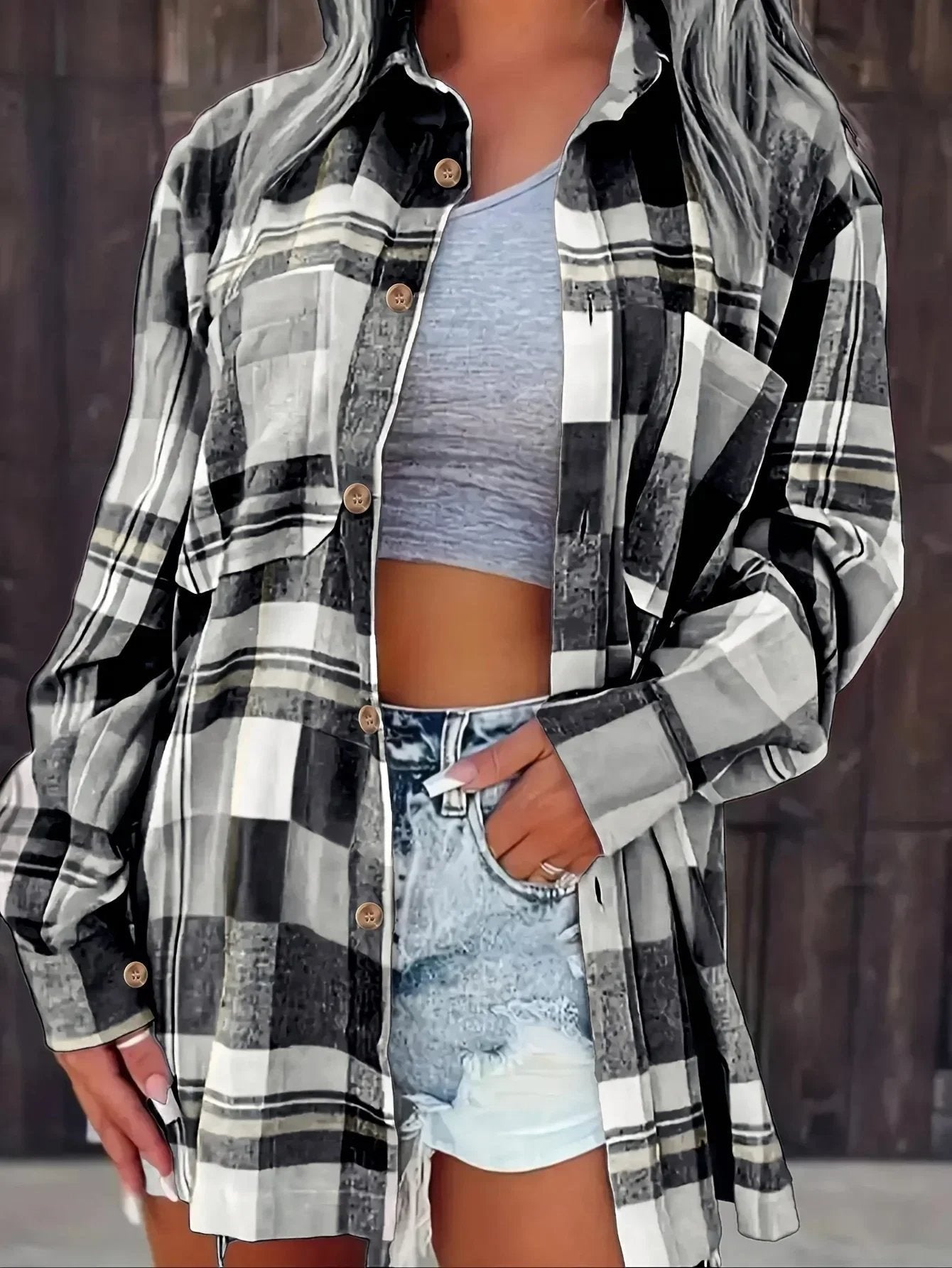 Women's Oversized Plaid Shacket - Black
