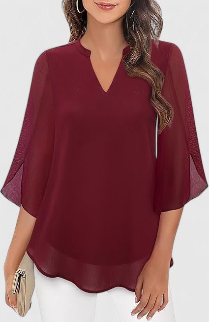 Women's Black V-Neck Chiffon Blouse - Burgundy