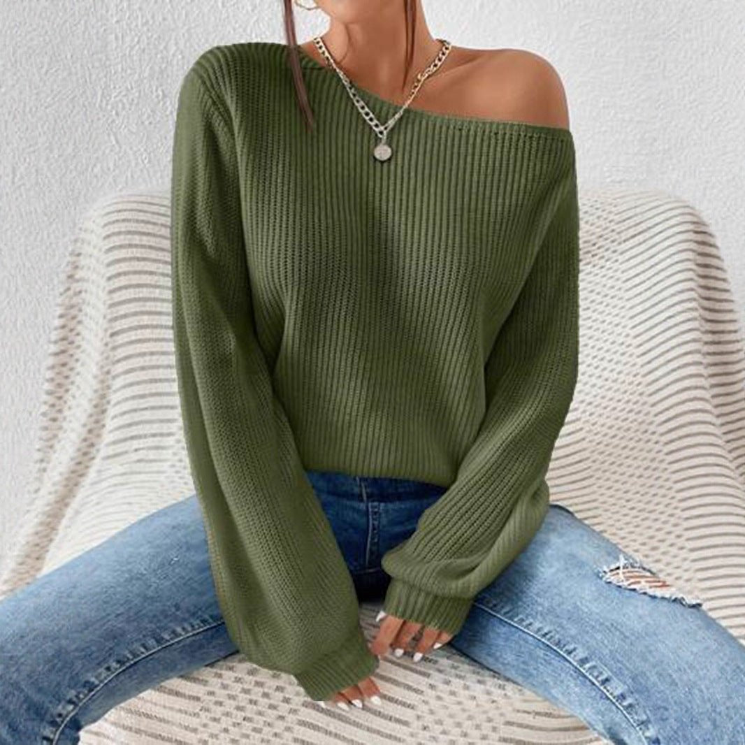 Women's Chunky Off-Shoulder Ribbed Jumper - Green