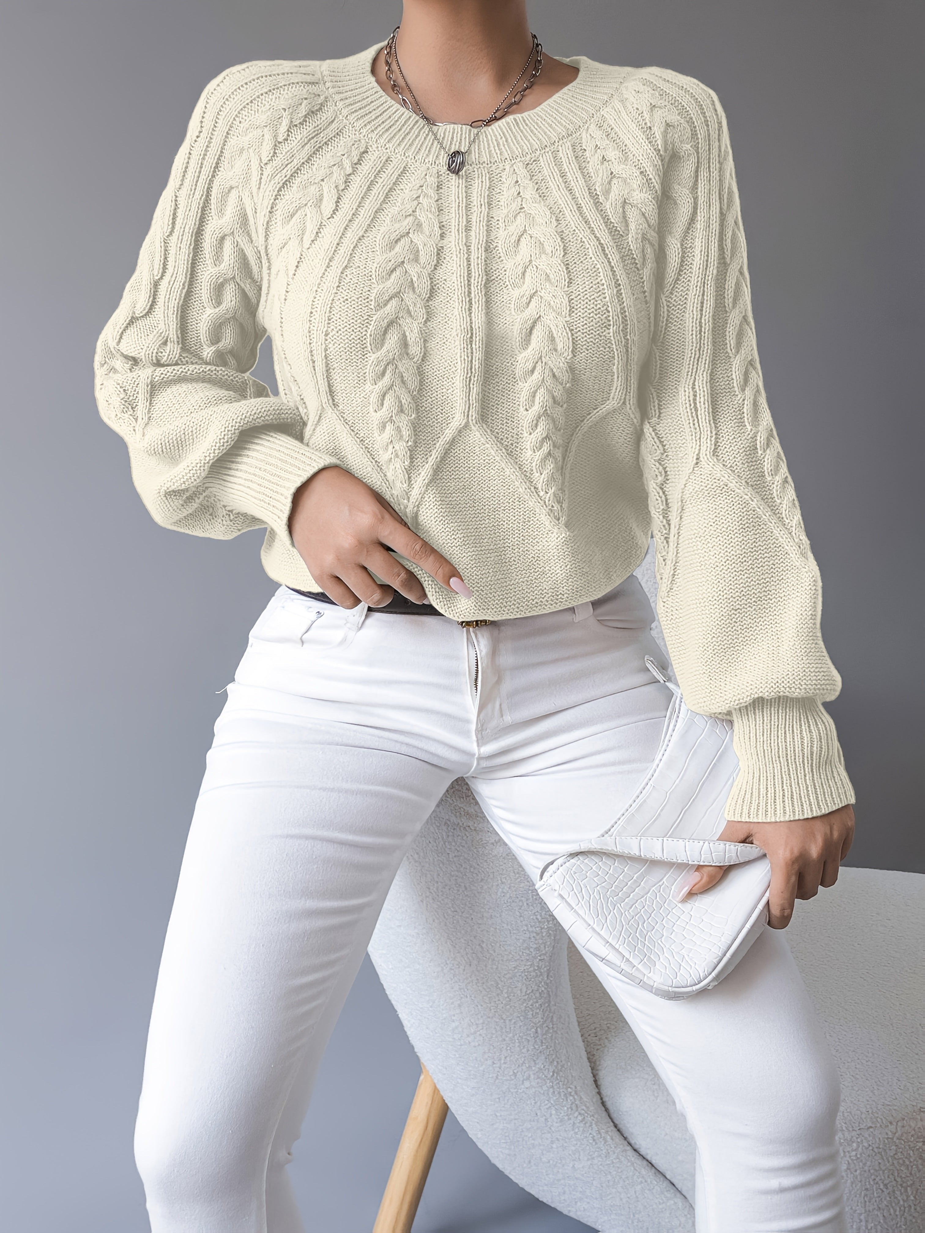 Women's Chunky Cropped Cable Knit Wool Jumper