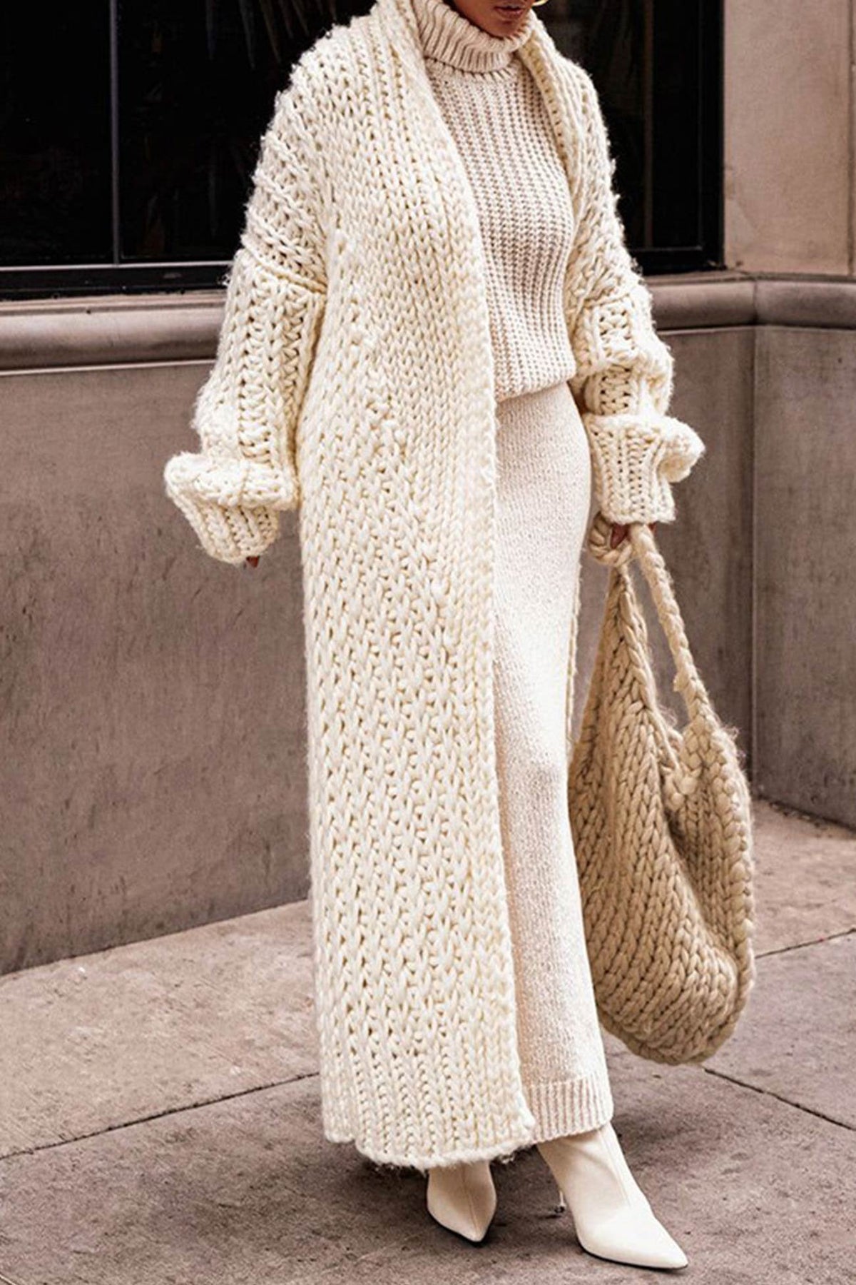 Women's Chunky Oversized Wool Maxi Cardigan - Beige