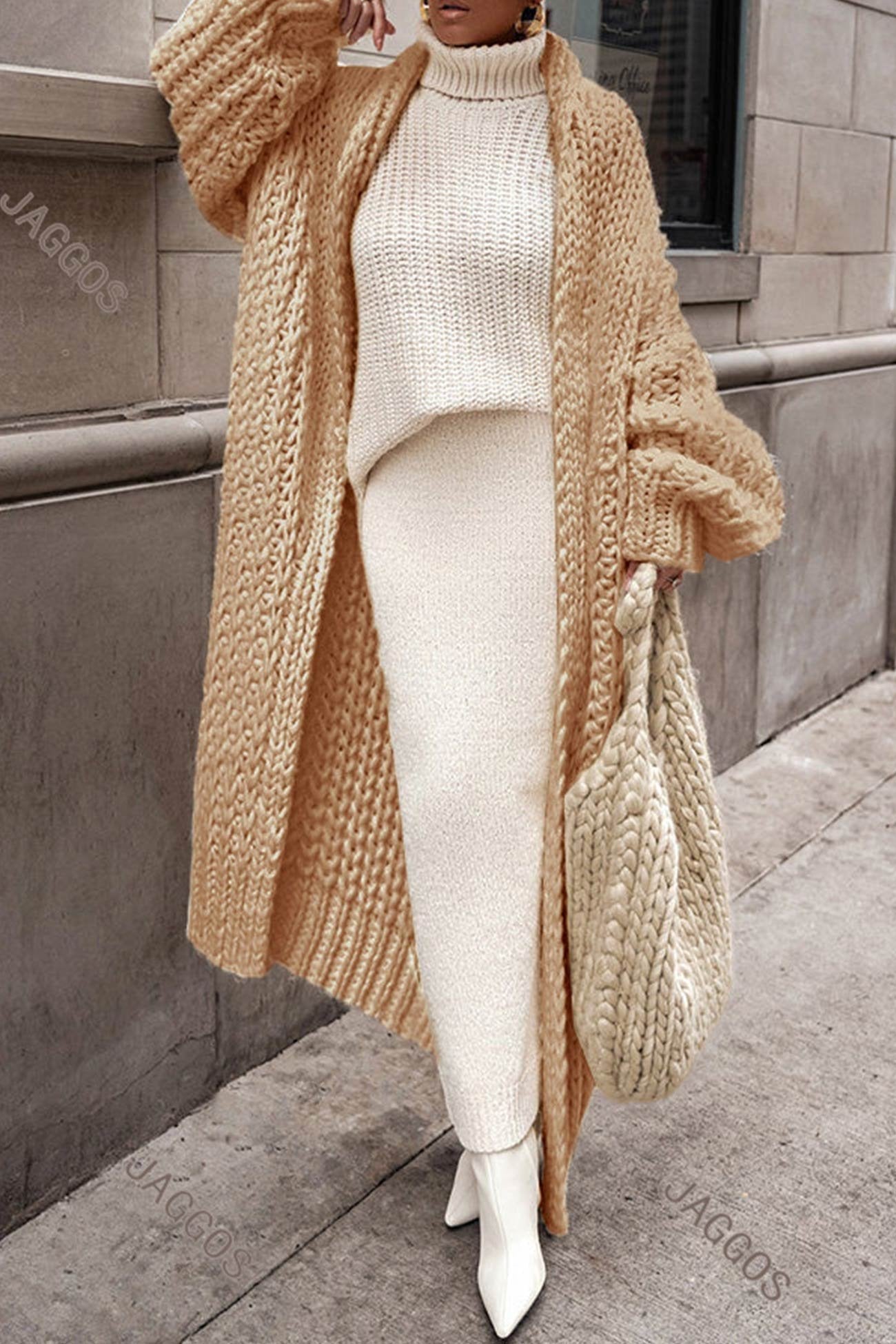 Women's Chunky Oversized Wool Maxi Cardigan - Brown