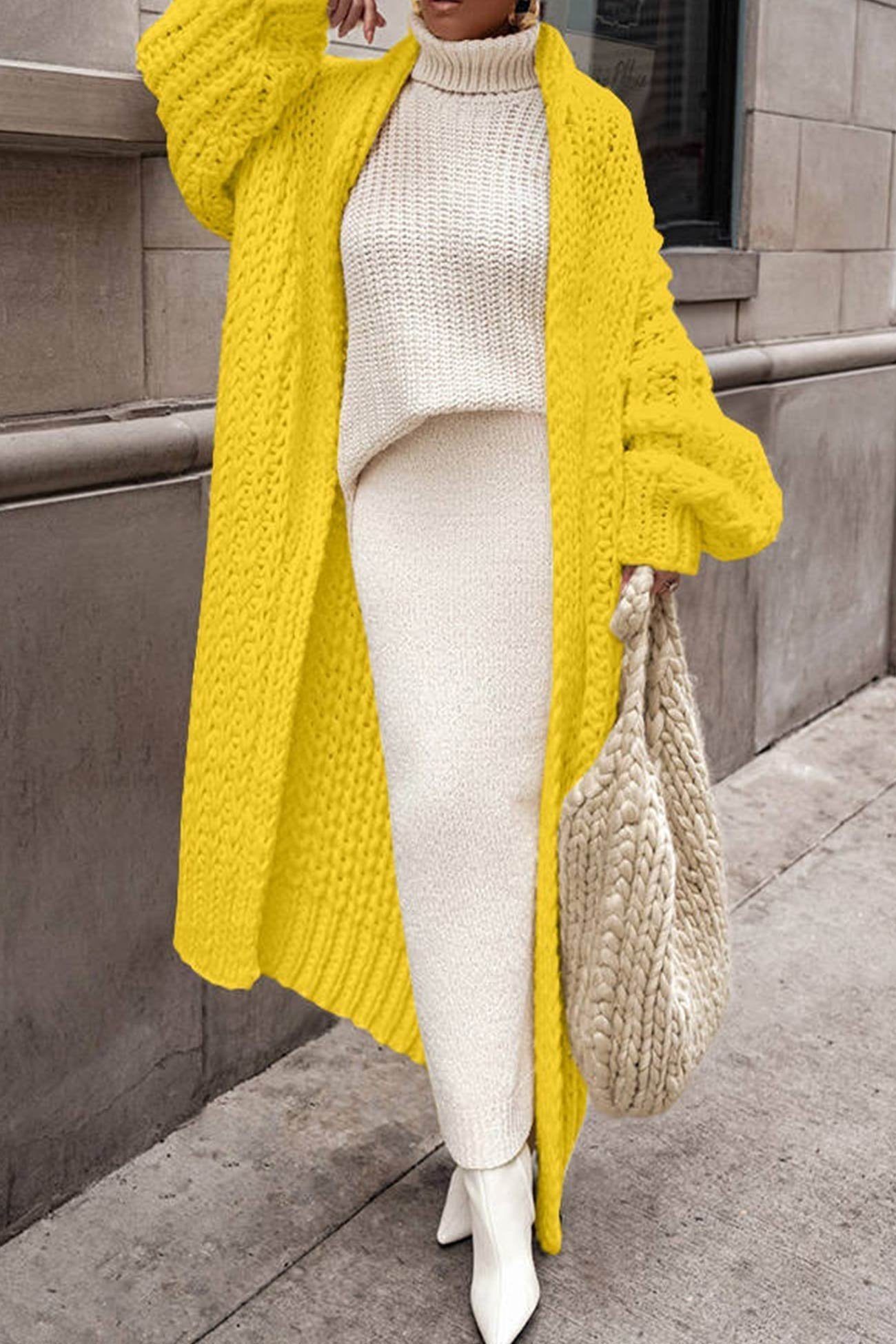 Women's Chunky Oversized Wool Maxi Cardigan - Yellow