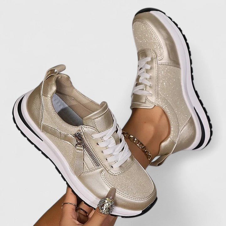 Women's Chunky Platform Lace-Up Leather Trainers - Gold