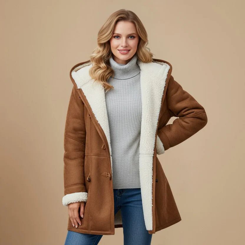 Women's Oversized Lined Duffle Hooded Shearling Coat