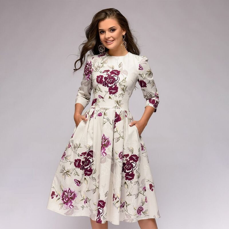 Women's Floral Satin Midi Party Dress - White