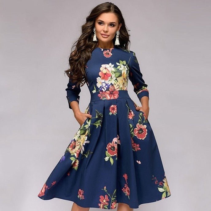 Women's Floral Satin Midi Party Dress - Navy Blue