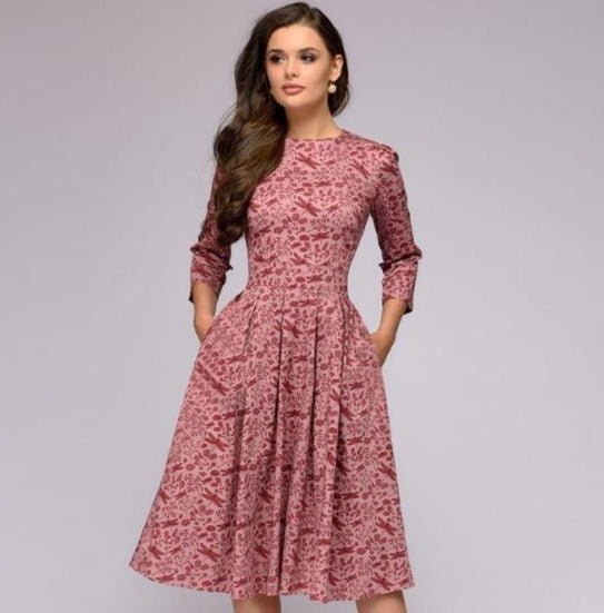 Women's Floral Satin Midi Party Dress - Pink