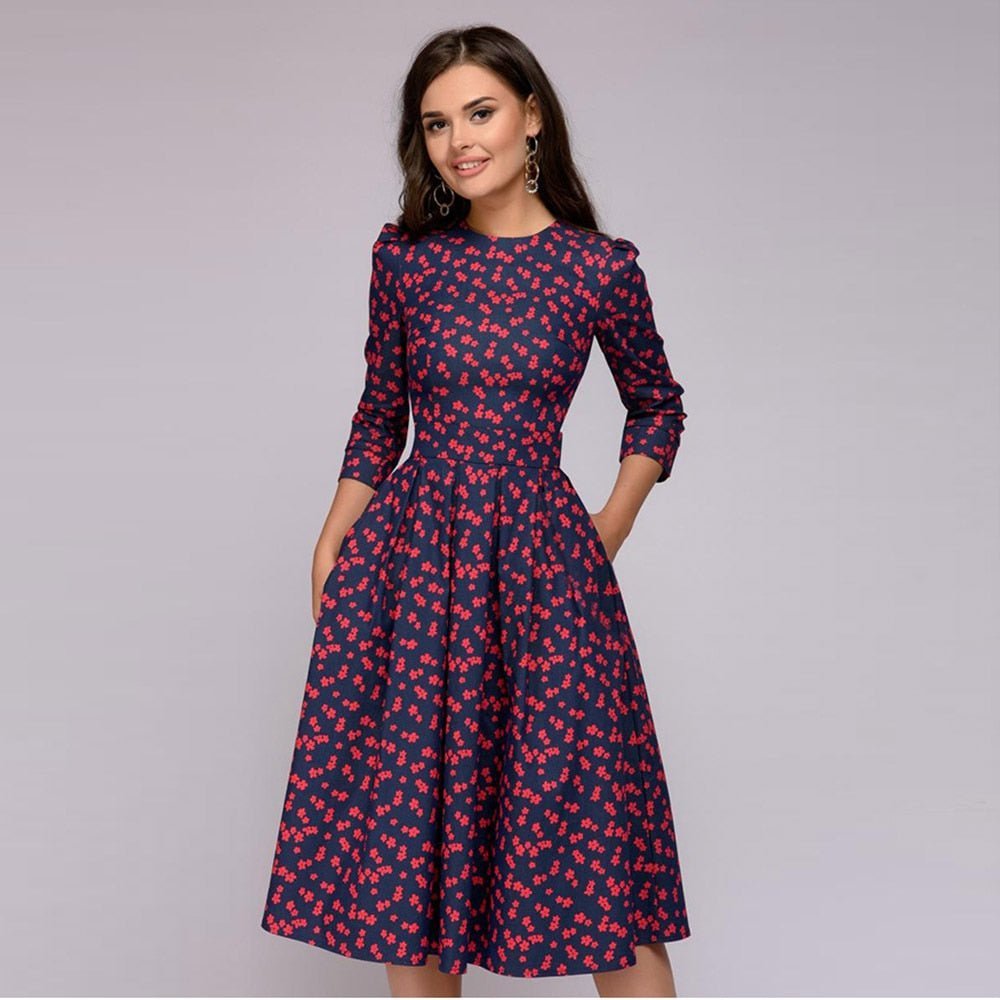 Women's Floral Satin Midi Party Dress - Blue flowered