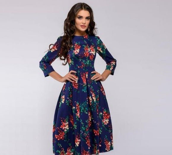Women's Floral Satin Midi Party Dress - Purple