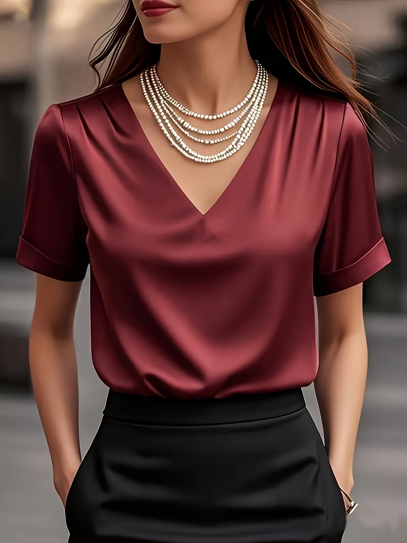 Women's Black V-Neck Satin Blouse
