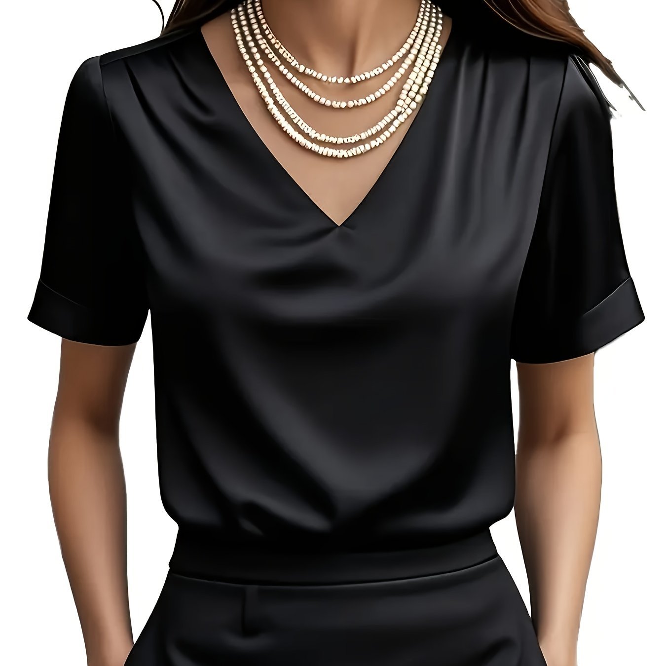 Women's Black V-Neck Satin Blouse - Black
