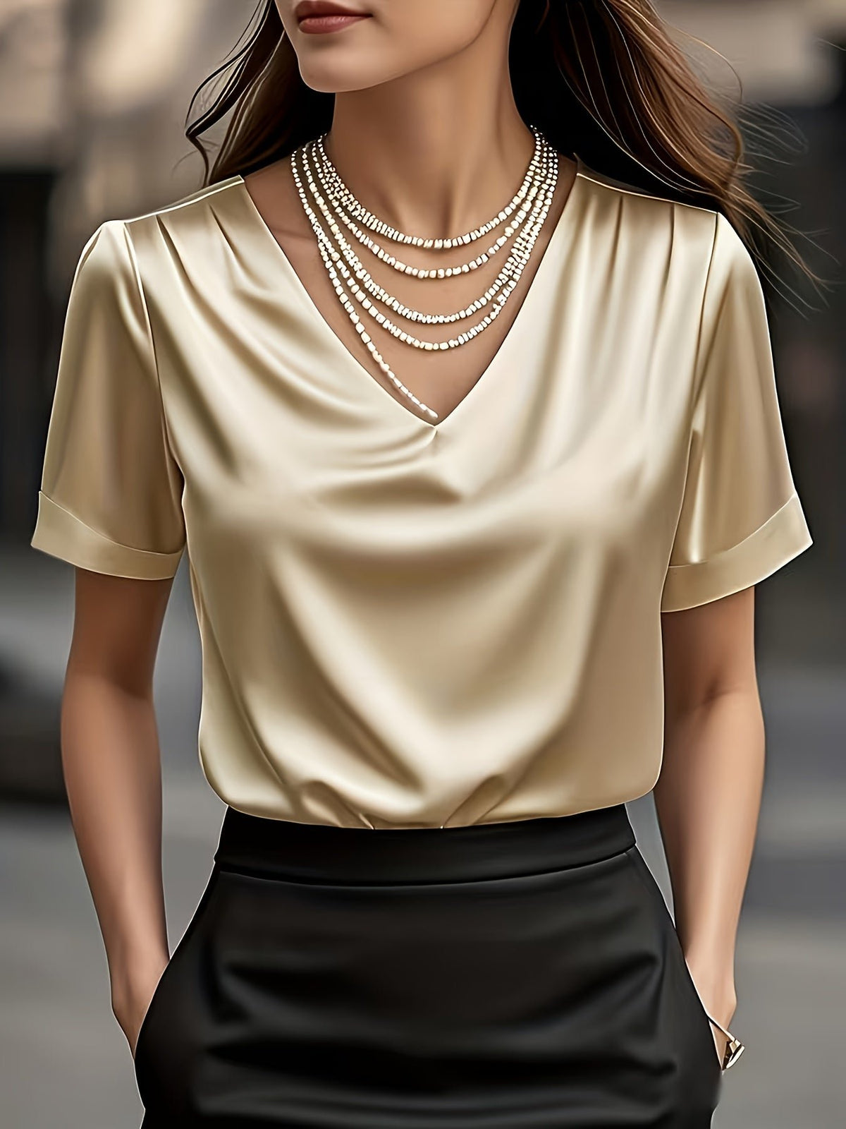 Women's Black V-Neck Satin Blouse