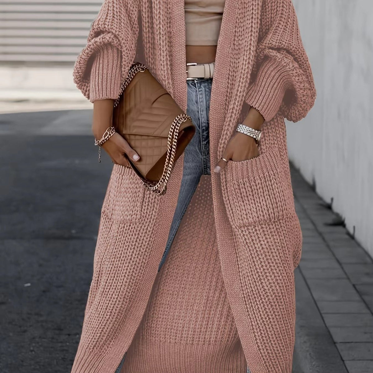 Women's Chunky Knit Ribbed Longline Wool Cardigan - Pink